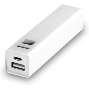 A white power bank with USB and USB-C ports, featuring a sleek rectangular design and a branding logo.
