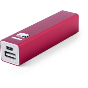A red power bank with a USB output and a USB-C input, featuring a sleek, rectangular design. It has a branding element.
