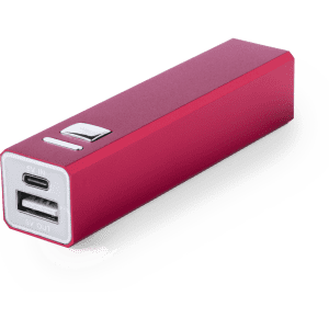 A red power bank with a USB port and a USB-C input, featuring a button and a sleek design.