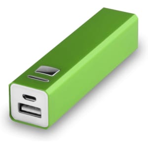 A green power bank with a USB port and a sleek, rectangular design. It features a small button on one side.