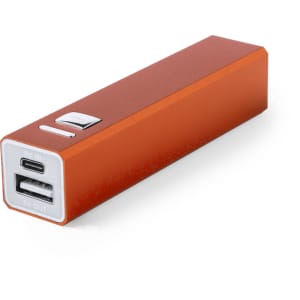 An orange power bank with a USB output and a USB-C input, featuring a button and a branding logo.