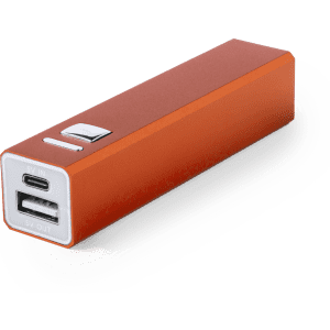 An orange power bank with USB and USB-C ports, featuring a sleek rectangular design and a button.