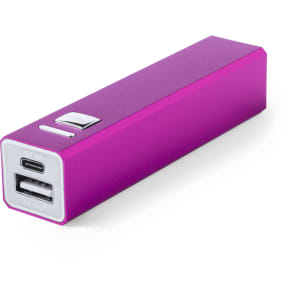 A purple power bank with a USB port and a USB-C input, featuring a small button and branding.