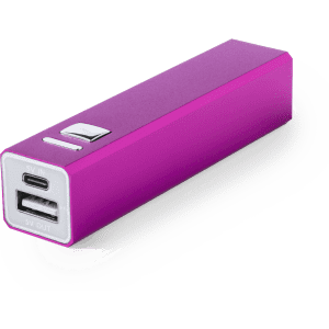 A purple power bank featuring a USB output, USB-C input, and a button on one side. It has a sleek, compact design.