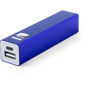 A blue power bank with a USB output and a USB-C input, featuring a sleek rectangular design and a button.