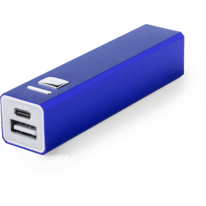 A blue power bank with USB and USB-C ports, featuring a button and a logo.