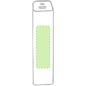 A rectangular white power bank with a green section and a charging port on top, featuring a logo.