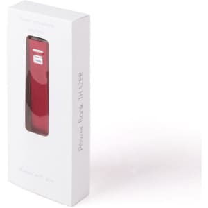 A red power bank in a white box with a logo, designed for portable charging of devices.