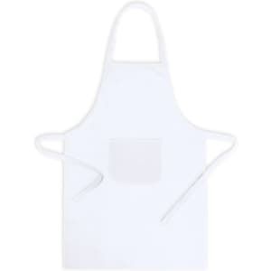 A white apron with a front pocket and adjustable ties, featuring a logo.