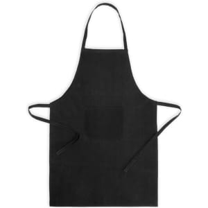 A black apron with a front pocket and adjustable straps, featuring a logo.