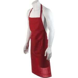 A red apron with a pocket, displayed on a mannequin. The apron features a simple design and has a logo.