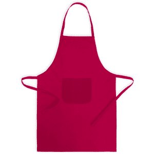 A red apron with a pocket and ties, featuring a branding logo. Ideal for workwear.