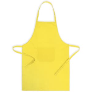 A yellow apron with a pocket and ties, featuring a logo or branding. Suitable for workwear use.