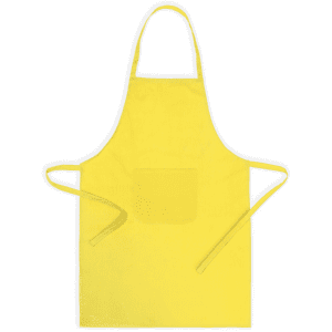 A bright yellow apron featuring a front pocket and long ties. It has a simple, solid design and a logo.