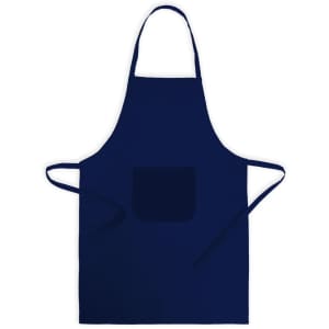 A navy blue apron with a front pocket and ties, featuring a logo on the chest area.