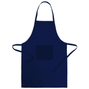 A navy blue apron featuring a front pocket and ties, with a logo on the front.