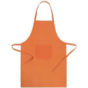 An orange apron featuring a front pocket and neck ties, suitable for various workwear needs.