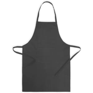 A dark black apron with a neck strap and ties, featuring a front pocket and a simple design.