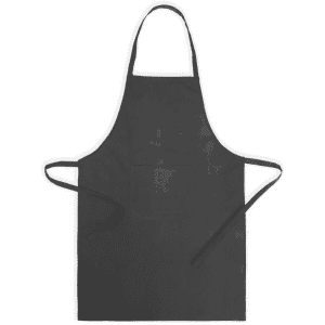 A black apron with a pocket and ties, featuring a simple design and a logo.