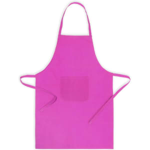 A bright pink apron with a front pocket and ties at the waist. Features a logo.