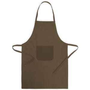 A brown apron featuring a front pocket and adjustable ties. The apron has a logo on it.