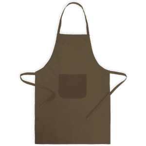 A brown apron featuring a front pocket and ties for securing. It includes a logo on the apron.
