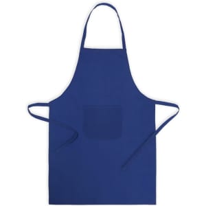 A blue apron featuring a front pocket and long ties for fastening. Includes a logo on the design.
