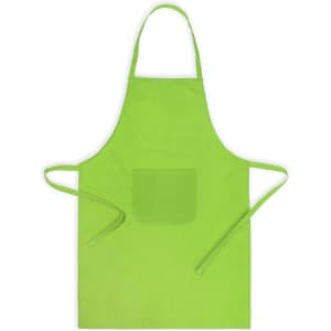 A bright green apron with a front pocket and ties at the waist. It features a logo.