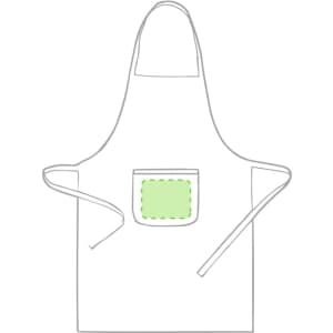 A plain white apron featuring a green pocket and ties, designed for workwear use. It has a central neck loop.