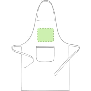A plain white apron featuring a central patch area and a front pocket, with neck and waist ties.