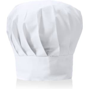A white chef hat featuring a pleated design and a solid band at the base. It includes a logo on the side.
