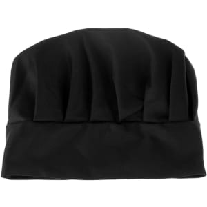 A black chef hat with pleated design, featuring a subtle logo. Ideal for professional kitchen uniforms.