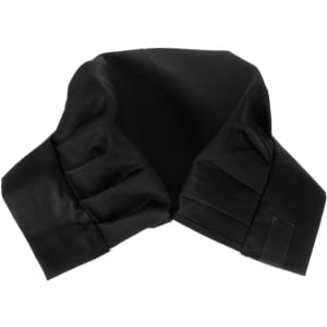A black chef hat made from smooth fabric, featuring a structured design with pleats and a Velcro closure.