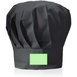 A black chef hat with a pleated design and a blank area for branding or personalisation.