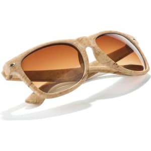 Wooden sunglasses with a natural finish and brown gradient lenses, featuring a logo on the side.