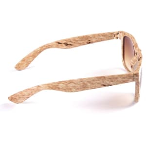 A pair of sunglasses with wood-patterned frames and tinted lenses, featuring a logo on the arm.