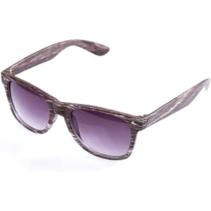 A pair of brown wooden-pattern sunglasses with gradient purple lenses and a logo on the arm.