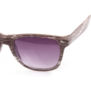 Wooden-patterned sunglasses with purple-tinted lenses. Features a logo on the arm.