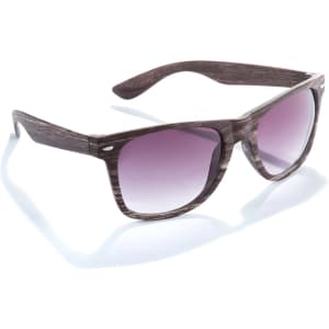 Sunglasses with a wooden design and gradient purple lenses. Features a logo on the side.