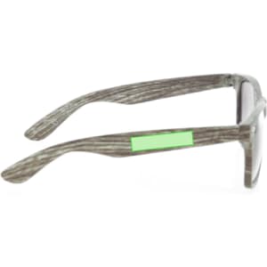 A pair of grey patterned sunglasses with a logo on the side, featuring sleek frames.