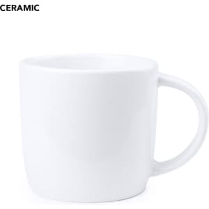 A white ceramic coffee mug with a curved handle and a smooth finish, featuring a logo.