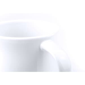 A white coffee mug with a smooth finish and a comfortable handle. The mug features a logo.