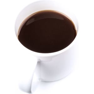 A white coffee mug filled with dark coffee, featuring a simple design and a handle.