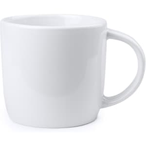 A white coffee mug with a simple design and a handle, featuring a logo on the side.