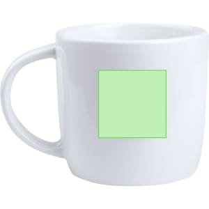 A white coffee mug featuring a square area for custom designs, with a smooth, glossy finish.