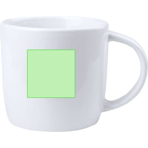A white coffee mug with a square area for customisation. The mug features a handle and a glossy finish.