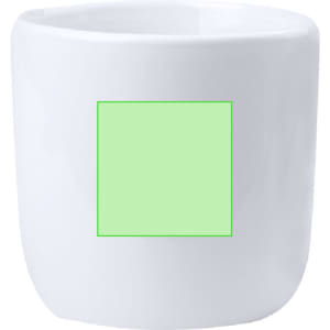 A white coffee mug with a square area for customisation. Simple design suitable for personal or promotional use.
