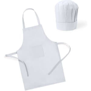 A white apron with ties and a matching chef's hat, both featuring a simple design and an unembellished surface.