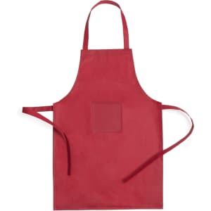 A red apron with a pocket and adjustable ties, featuring a simple design and a logo on the front.