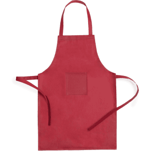 A red apron with a front pocket and adjustable straps, featuring a logo. Suitable for workwear.